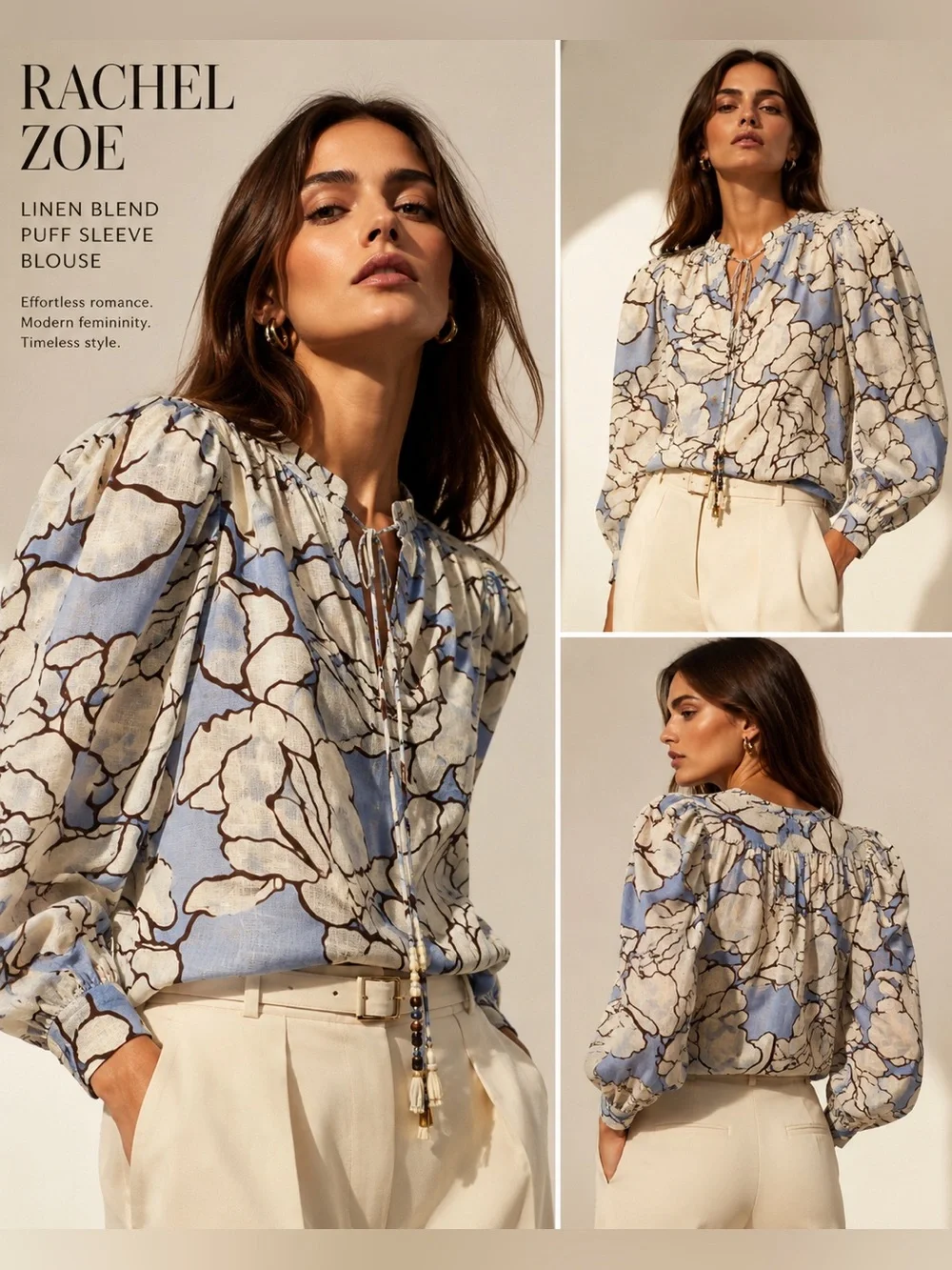Rachel Zoe Linen Blend Floral Print Peasant Blouse Blue Cream Puff Sleeve Chic M - Picture 1 of 8